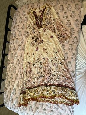 Free People pink Floral Boho Maxi Dress with Marigold Trim